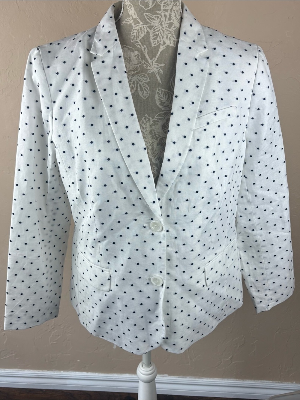 NWT Talbots White Navy Blue Polka Dot Blazer Cotton Linen Women’s size 16P New